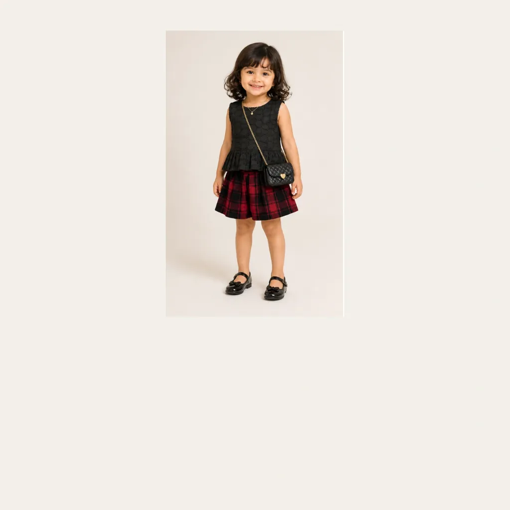 Red Tartan skirt and black top (2-3 years)